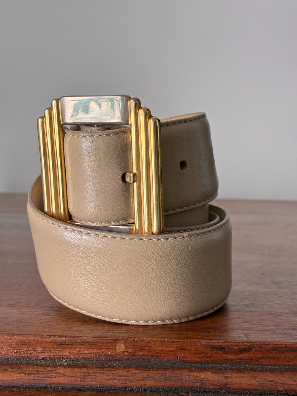 Vintage Liz Claiborne Leather Belt Art Deco Mixed Metal Two Tone Buckle - Size L